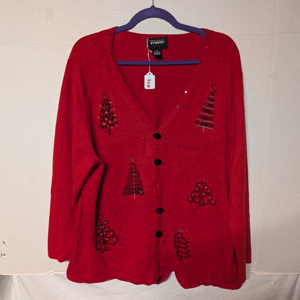 Designers Originals Studio JOY Red Christmas Cardigan – Women’s 1X – Sequin Bead